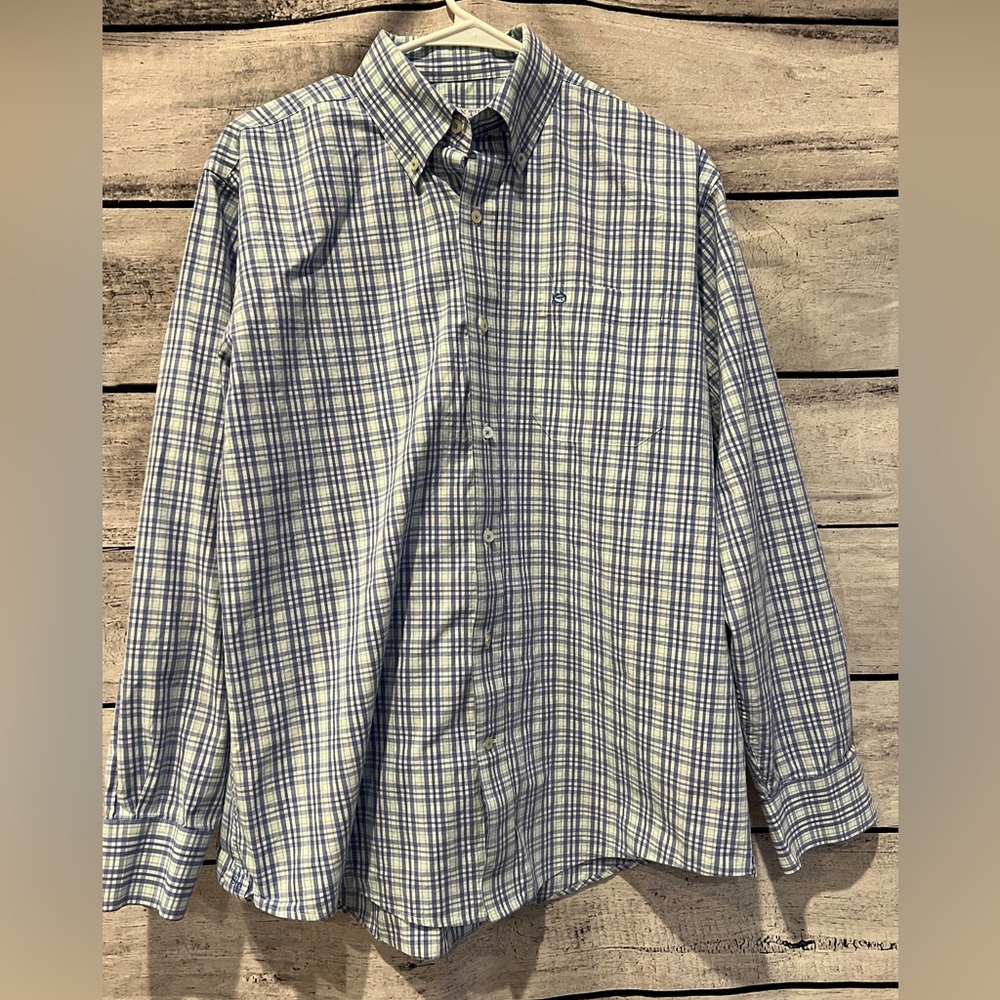 Southern Tide Blue White Green Plaid Men's Dress Shirt Long Sleeve Office Logo